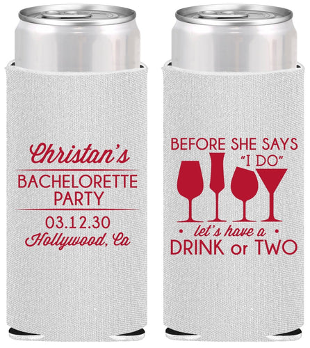 Personalized Bachelorette Slim Can Coolers - Before She Says I Do | 60064