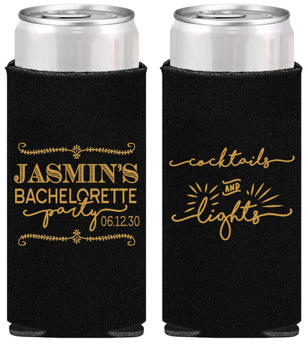 Personalized Bachelorette Slim Can Coolers - Cocktails And Lights | 60065