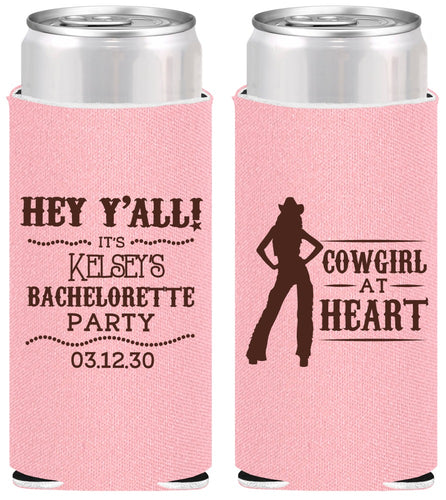 Personalized Bachelorette Slim Can Coolers - Cowgirl At Heart | 60079
