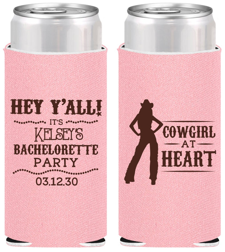 Personalized Bachelorette Slim Can Coolers - Cowgirl At Heart | 60079