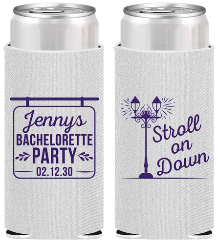 Personalized Bachelorette Slim Can Coolers - Stroll On Down | 60092