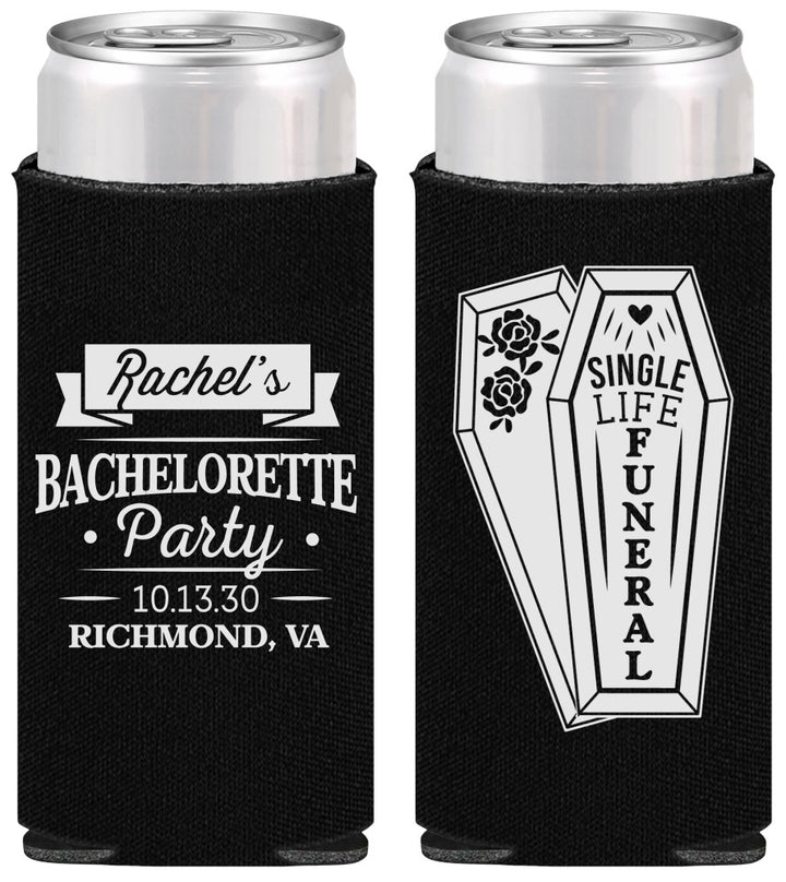 Personalized Bachelorette Slim Can Coolers - Rip Single Life | 60096
