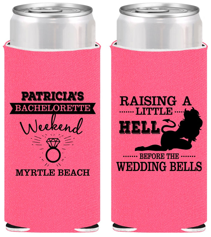 Personalized Bachelorette Slim Can Coolers - Raising A Little Hell | 60104
