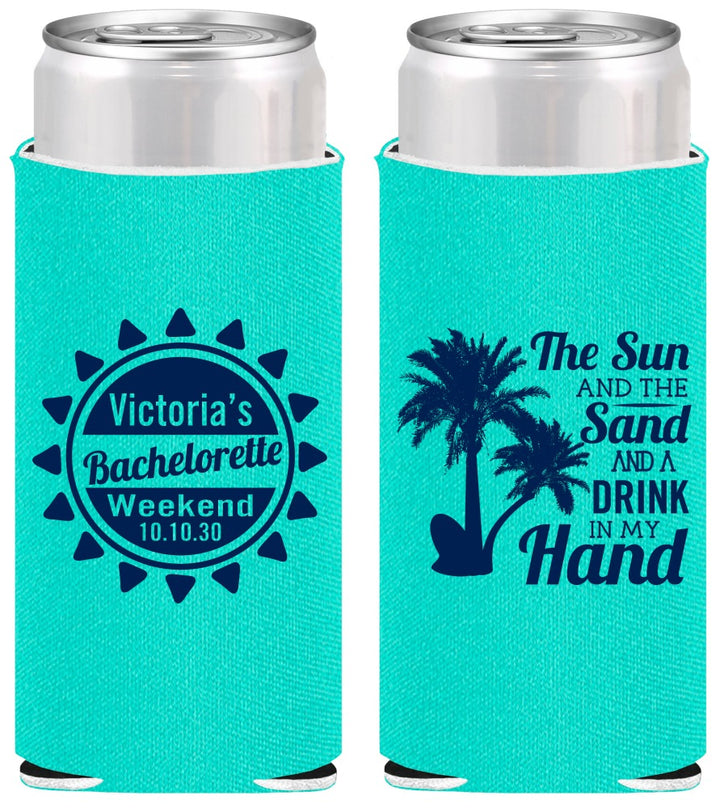 Personalized Bachelorette Slim Can Coolers - Sun Sand Drink Hand | 60114