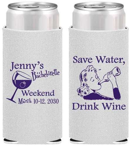Personalized Bachelorette Slim Can Coolers - Save Water Drink Wine | 60120