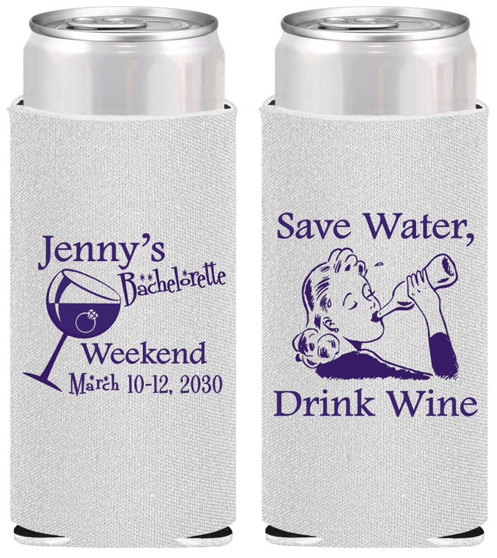 Personalized Bachelorette Slim Can Coolers - Save Water Drink Wine | 60120
