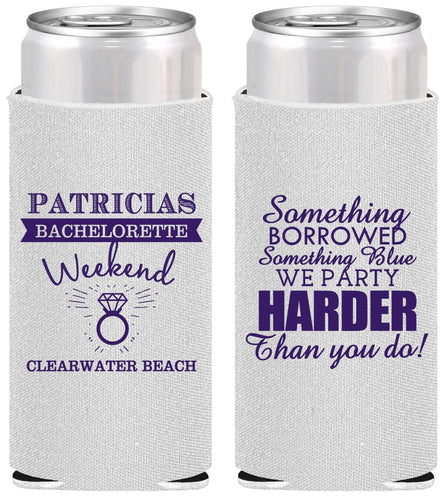 Personalized Bachelorette Slim Can Coolers - Something Borrowed | 60130