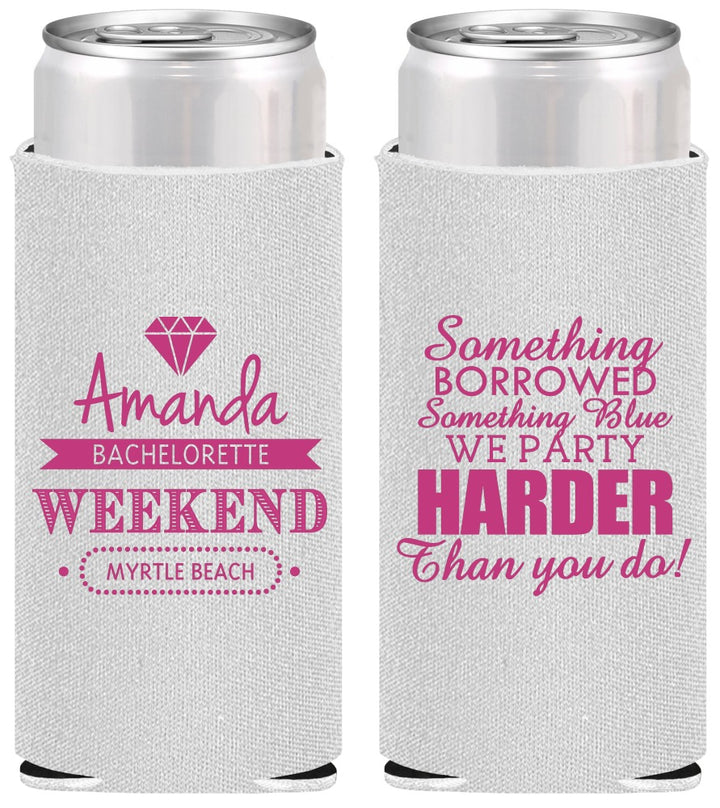 Personalized Bachelorette Slim Can Coolers - Something Borrowed | 60131