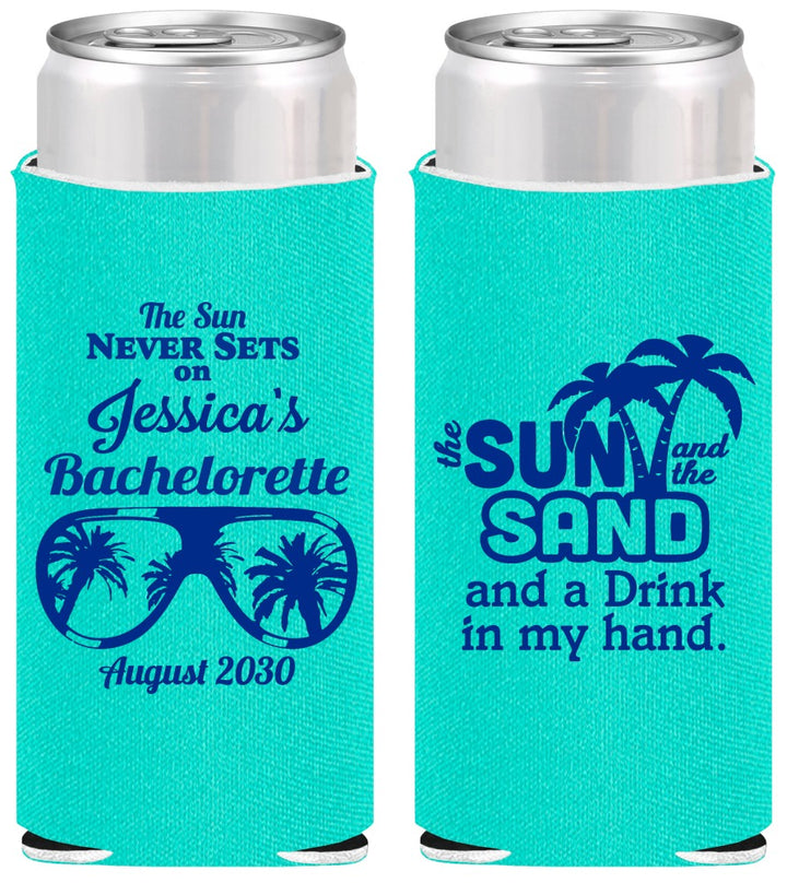 Personalized Bachelorette Slim Can Coolers - Sun Sand Drink Hand | 60134