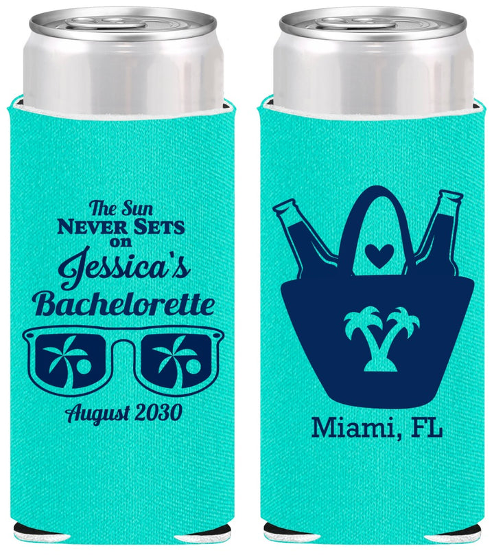 Personalized Bachelorette Slim Can Coolers - Beach Sun Never Sets | 60136