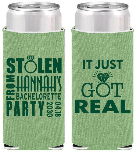 Personalized Bachelorette Slim Can Coolers - Just Got Real | 60141