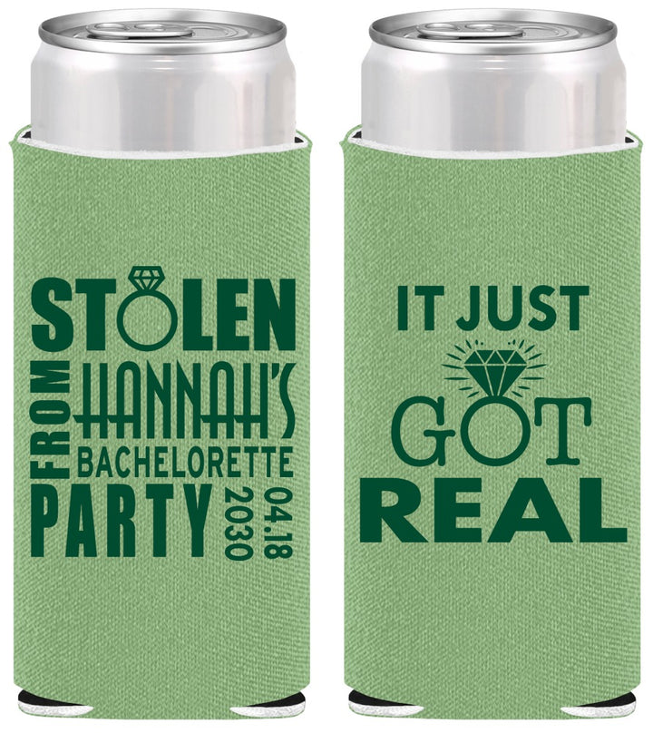 Personalized Bachelorette Slim Can Coolers - Just Got Real | 60141
