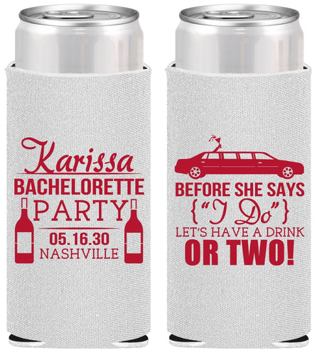 Personalized Bachelorette Slim Can Coolers - Before She Says I Do | 60142