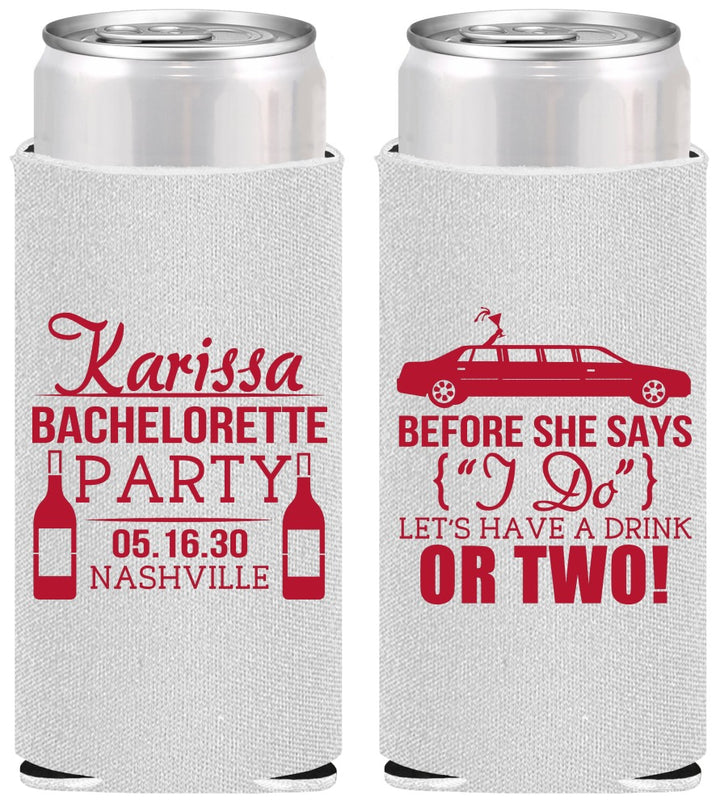 Personalized Bachelorette Slim Can Coolers - Before She Says I Do | 60142
