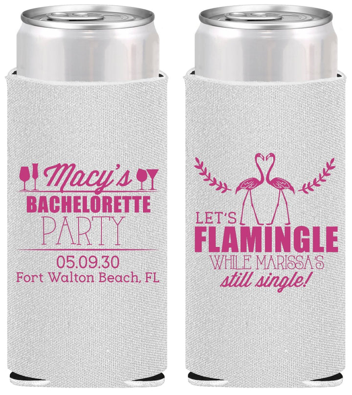 Personalized Bachelorette Slim Can Coolers - Lets Flamingle Still Single | 60144
