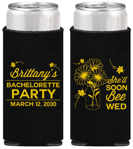 Personalized Bachelorette Slim Can Coolers - She Will Soon Bee Wed | 60151