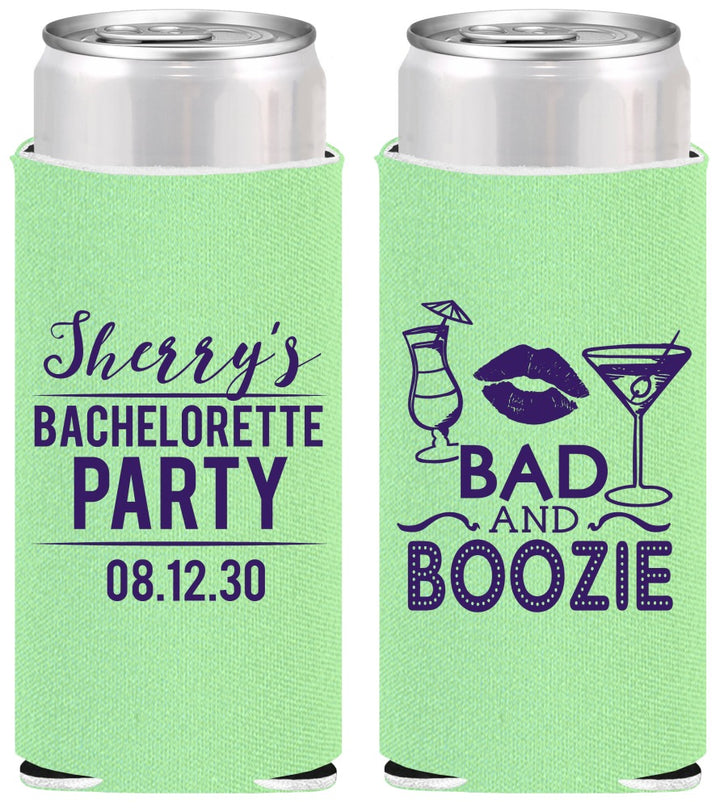 Personalized Bachelorette Slim Can Coolers - Bad And Boozie | 60156