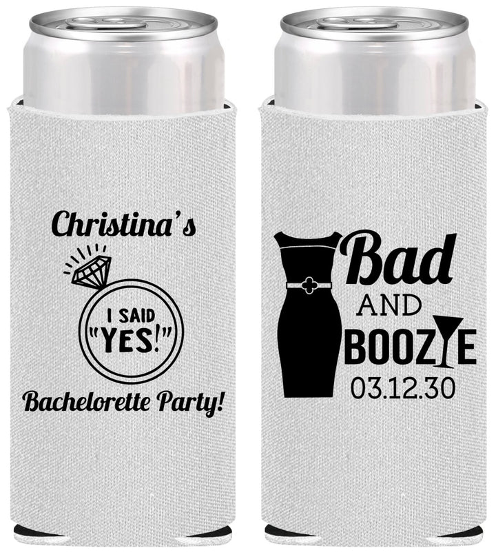 Personalized Bachelorette Slim Can Coolers - Bad And Boozie | 60157