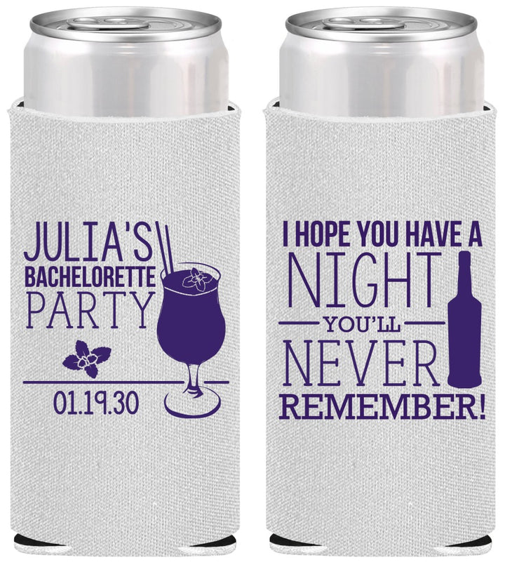 Personalized Bachelorette Slim Can Coolers - Night Never Remember | 60160