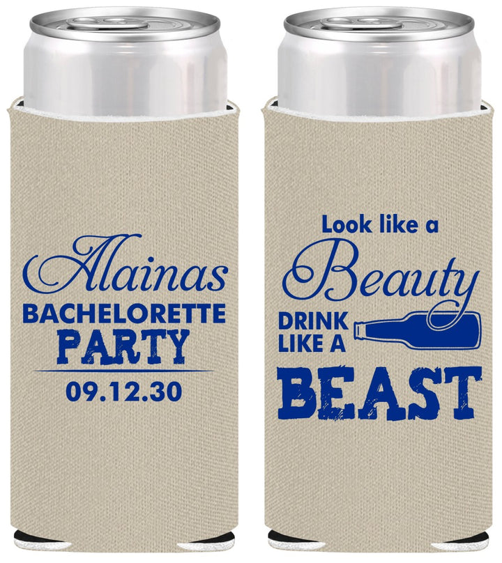 Personalized Bachelorette Slim Can Coolers - Beauty Beast | 60161