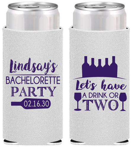 Personalized Bachelorette Slim Can Coolers - Wine Drink Or Two | 60178