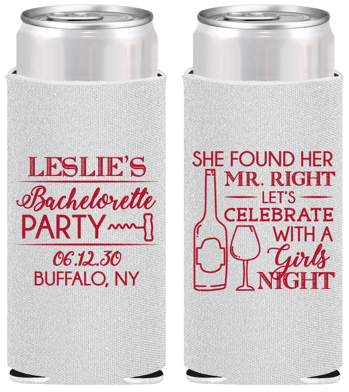 Personalized Bachelorette Slim Can Coolers - Mr Right Girls Night | 60180