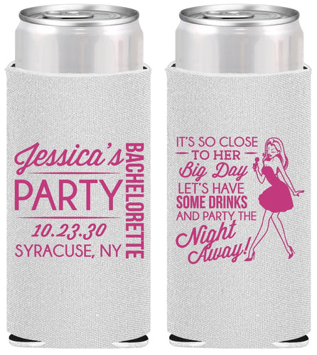 Personalized Bachelorette Slim Can Coolers - Drink The Night Away | 60182