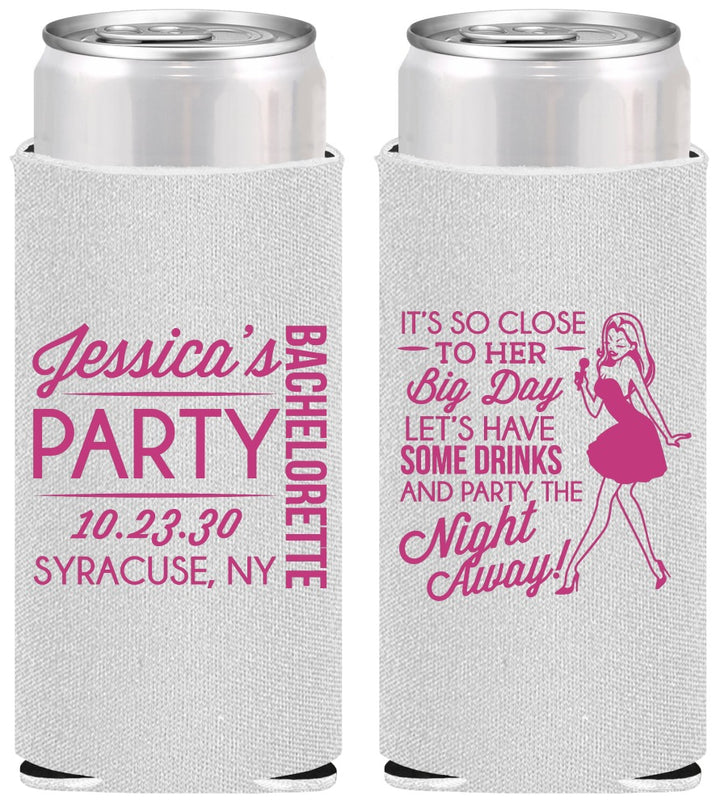 Personalized Bachelorette Slim Can Coolers - Drink The Night Away | 60182
