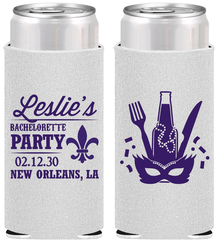 Personalized Bachelorette Slim Can Coolers - Mardi Gras | 60185