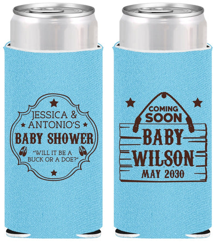 Personalized Baby Shower Slim Can Coolers - Gender Reveal Buck Or Doe | 90002