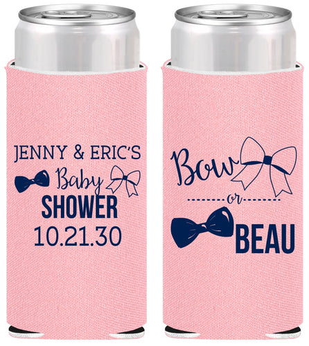 Personalized Baby Shower Slim Can Coolers - Gender Reveal Bow Or Beau | 90004