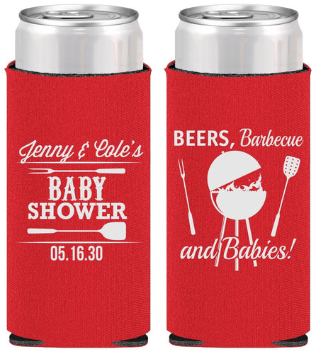 Personalized Baby Shower Slim Can Coolers - Beers Bbq Babies | 90006