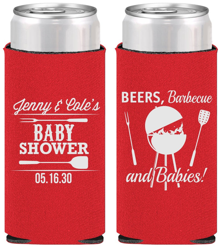 Personalized Baby Shower Slim Can Coolers - Beers Bbq Babies | 90006
