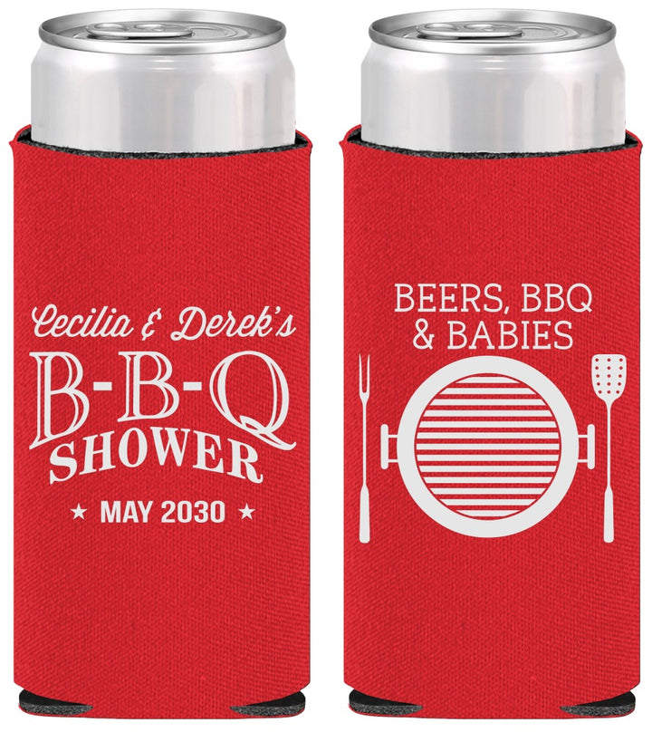Personalized Baby Shower Slim Can Coolers - Beers Bbq Babies | 90007