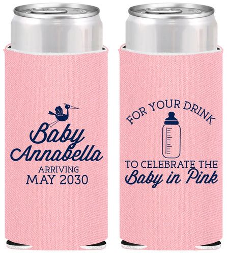 Personalized Baby Shower Slim Can Coolers - Drink Baby In Pink | 90014