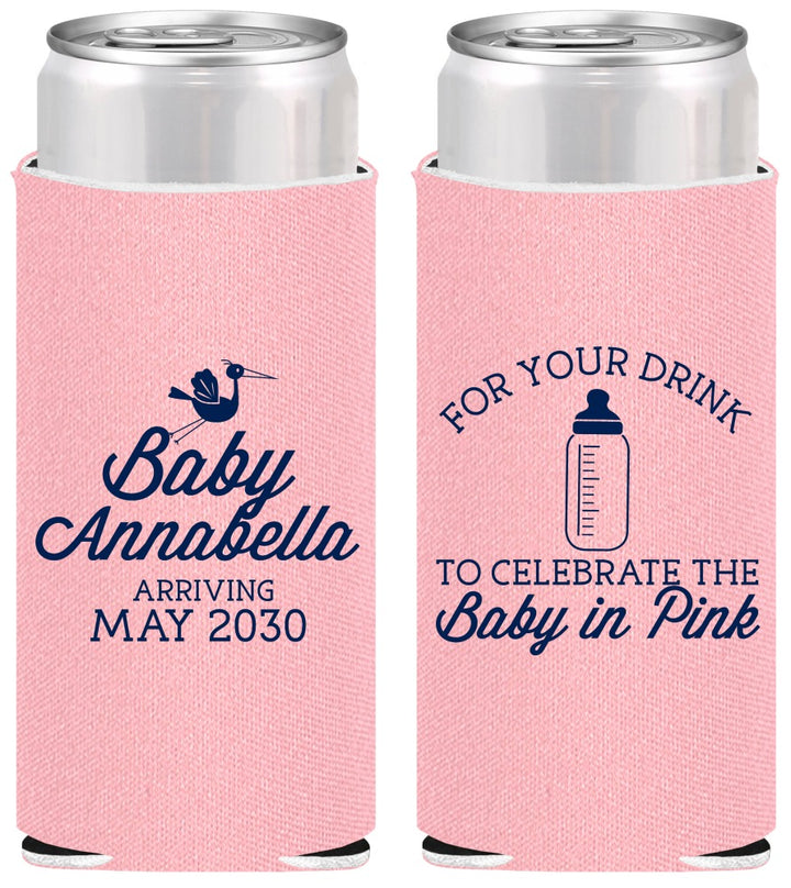 Personalized Baby Shower Slim Can Coolers - Drink Baby In Pink | 90014