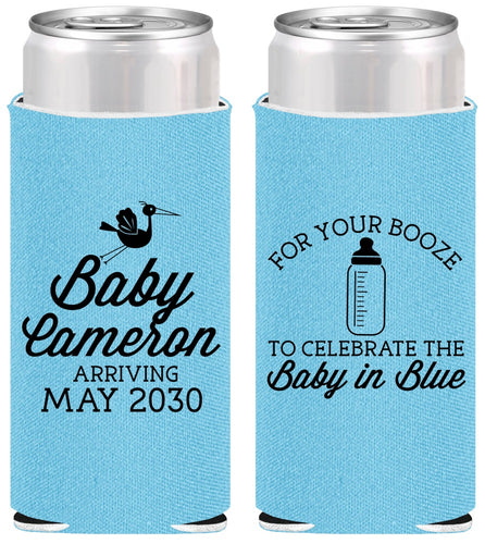 Personalized Baby Shower Slim Can Coolers - Booze Baby In Blue | 90015