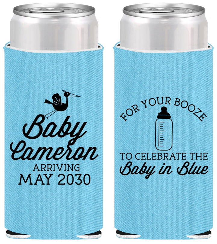 Personalized Baby Shower Slim Can Coolers - Booze Baby In Blue | 90015