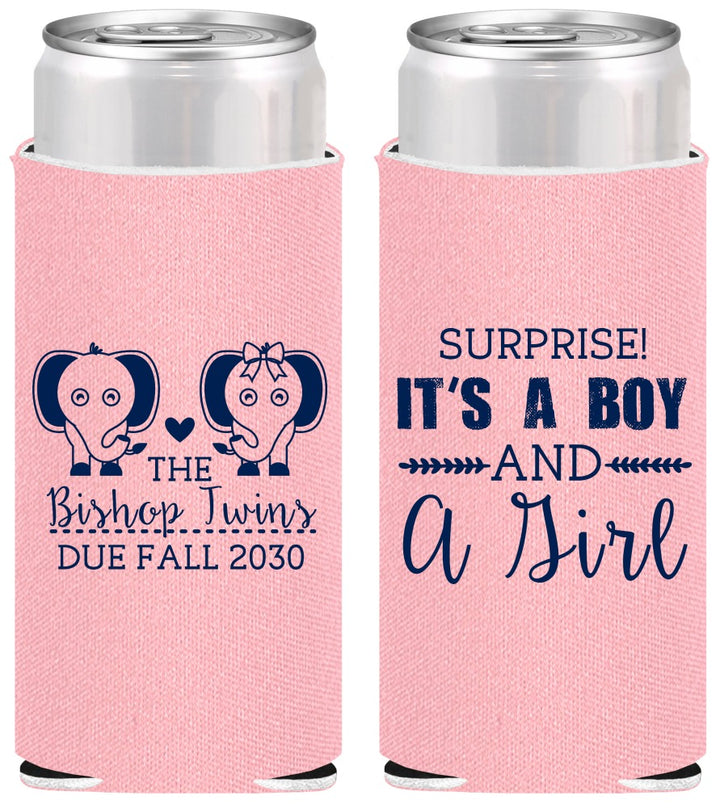 Personalized Baby Shower Slim Can Coolers - Twins Boy And Girl | 90026