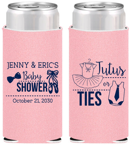 Personalized Baby Shower Slim Can Coolers - Gender Reveal Tutus Or Ties | 90033