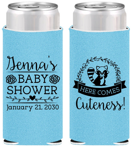 Personalized Baby Shower Slim Can Coolers - Racoon Cuteness | 90037
