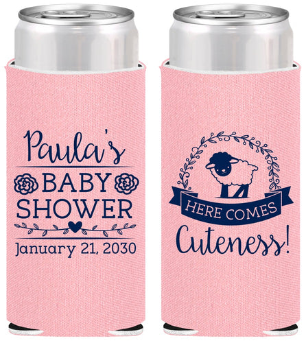Personalized Baby Shower Slim Can Coolers - Lamb Cuteness | 90038