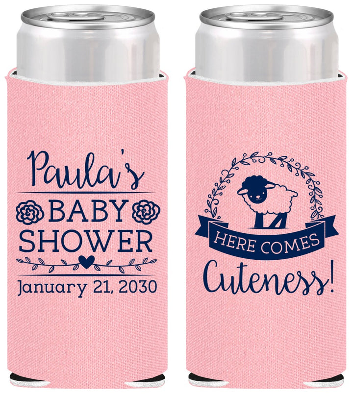 Personalized Baby Shower Slim Can Coolers - Lamb Cuteness | 90038