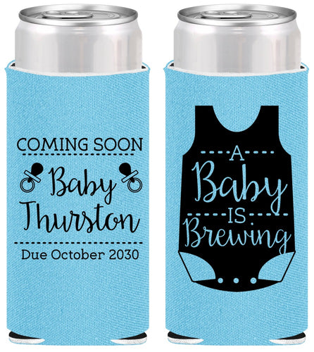 Personalized Baby Shower Slim Can Coolers - Baby Is Brewing | 90039
