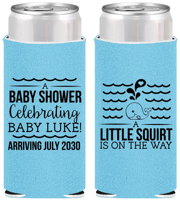 Personalized Baby Shower Slim Can Coolers - Little Squirt On The Way | 90043