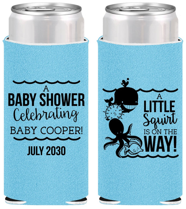 Personalized Baby Shower Slim Can Coolers - Little Squirt On The Way | 90045