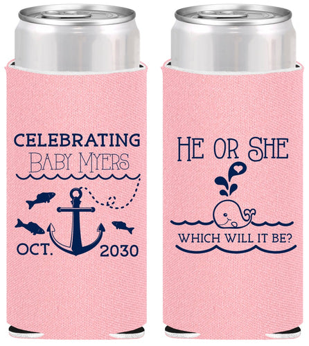 Personalized Baby Shower Slim Can Coolers - Gender Reveal Whale | 90053