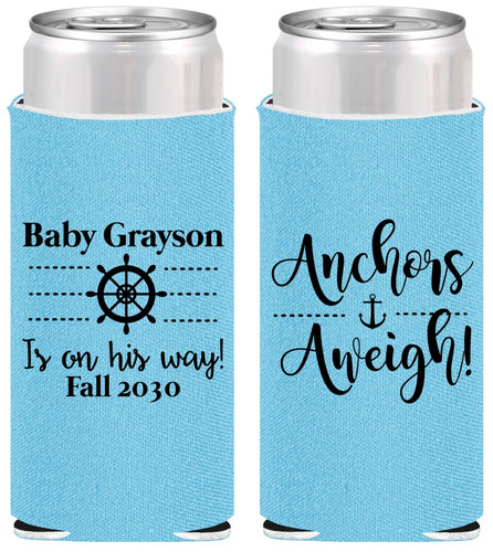 Personalized Baby Shower Slim Can Coolers - Nautical Anchors Aweigh | 90054