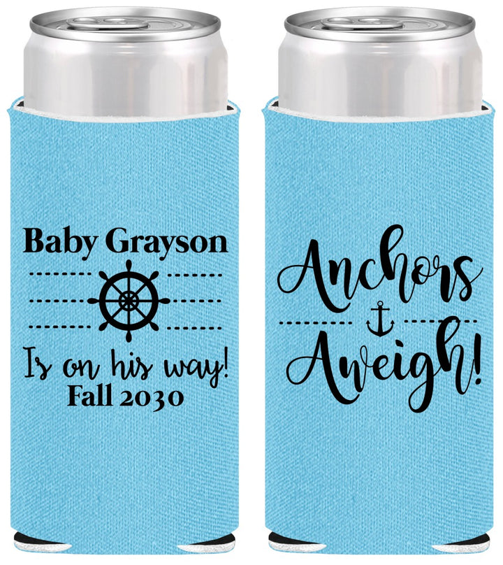Personalized Baby Shower Slim Can Coolers - Nautical Anchors Aweigh | 90054