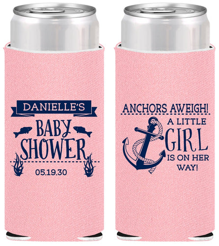 Personalized Baby Shower Slim Can Coolers - Anchors Aweigh Little Girl | 90056